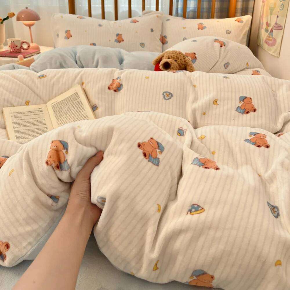 Printed Thicken Milk Coral Fleece Bedding Winter Comfort Warm Bedroom Decor Quilt Cover Bed Sheet Pillowcase Four-Piece Set H260311