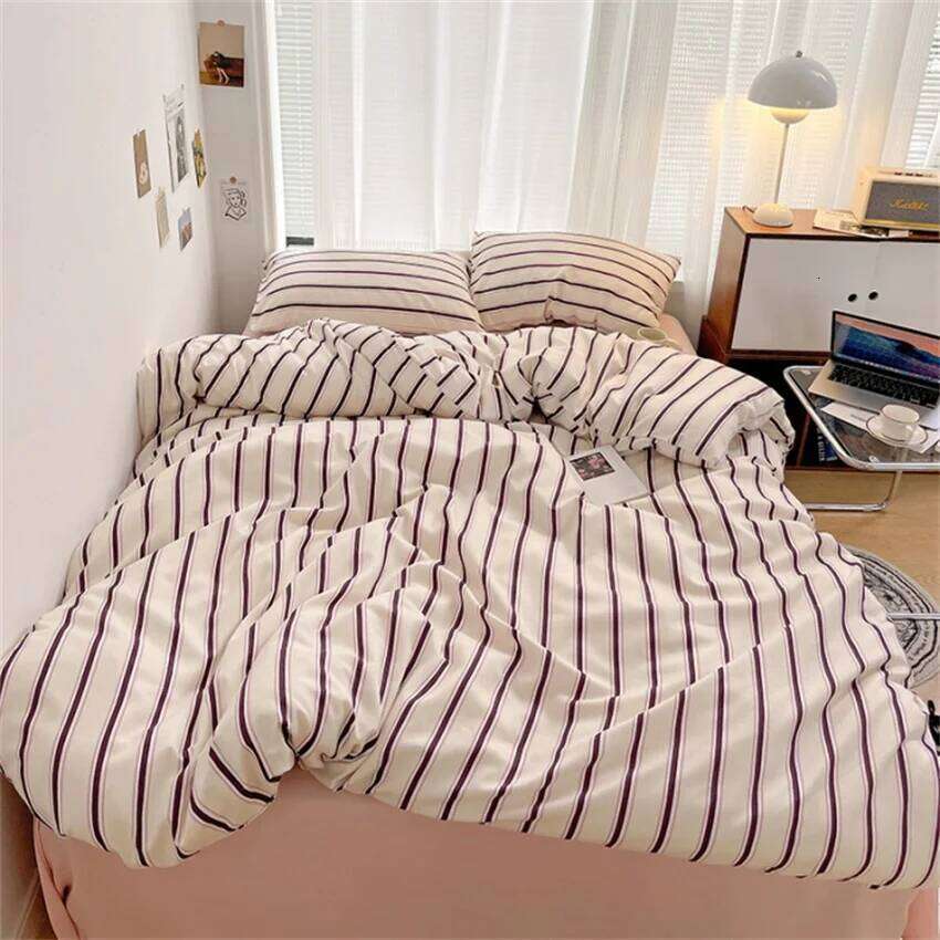 Pure Cotton Home Textile Blue Striped Bedding Set Simple Soft Duvet Cover Sheet Pillowcase Ins Style Bed Linens Queen King Size H260311 - view 6