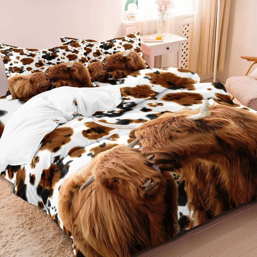 3pcs Highland Cow Pattern Set Fabric With Digital Animal Print 1 Duvet Cover And 2 Pillowcases No Quilt H260311