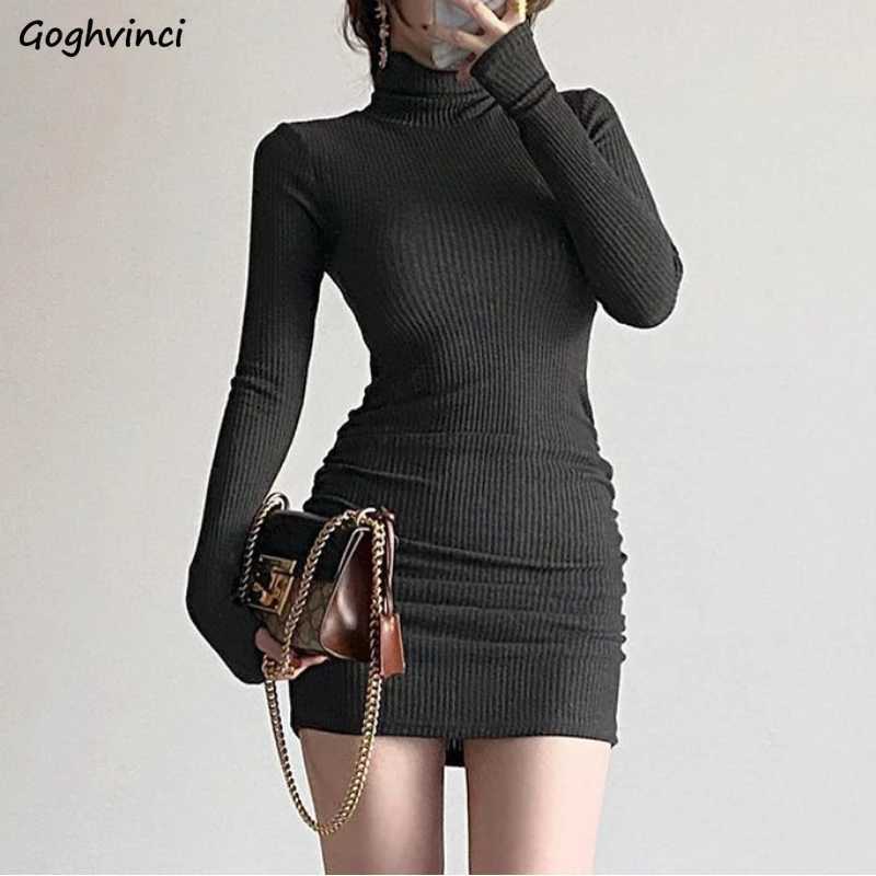 Bodycon Dress Women Knitting Turtleneck Sexy Autumn Folds All-match Vestidos De Mujer Club Tender Soft Korean Style Casual Daily M260311