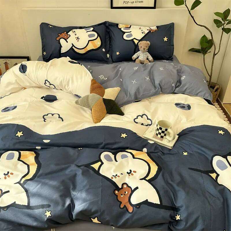 Cute Rabbit Bedding Set Flat Sheet Duvet Cover Pillowcases Single Double Queen Size Bed Linen Boys Girls Home Textile H260311