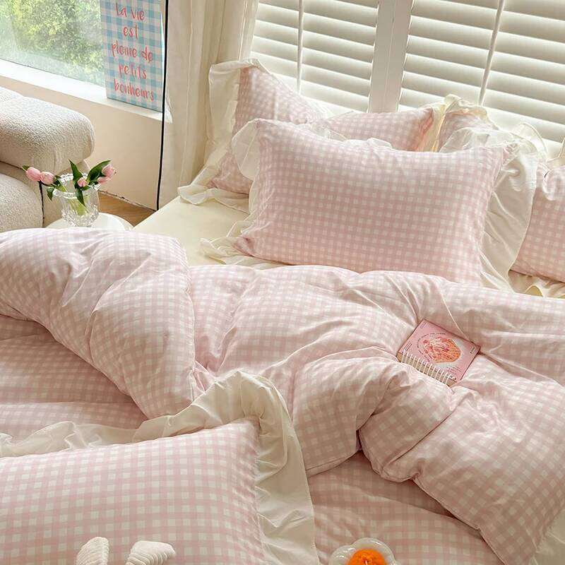 3pcs Korean lace Duvet 1*Duvet Cover + 2*Pillowcase, Without Core, Pink checkered print Bedding Set H260311
