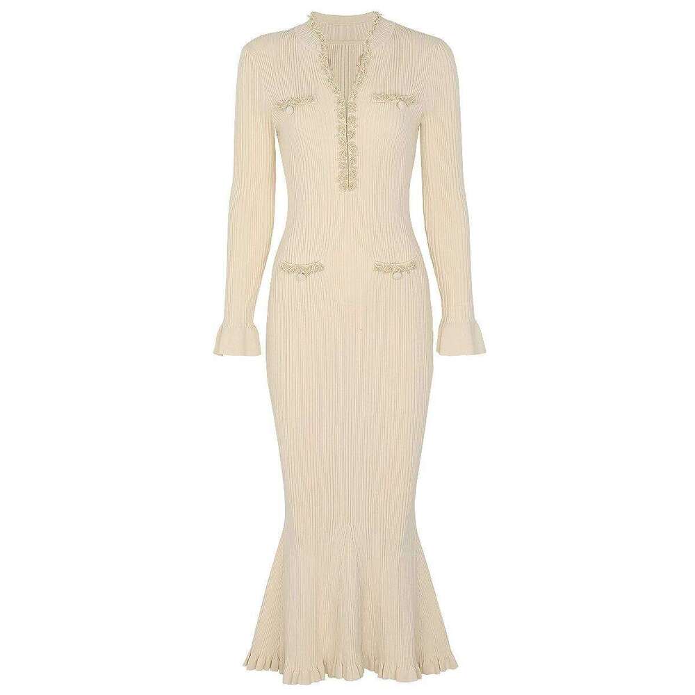Three Color High-Quality New Fashionable Elastic Knitted V-Neck Slim Fit Handmade Nail Bead Luxurious Long Sleeved Women's Dress