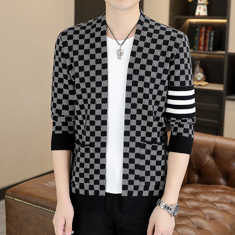 2026 Men's Fashion Sweater Men's Youth Men's Casual Knitted Cardigan Checkered Jacquard Coat Personalized Design Pattern Warm Sports Lu