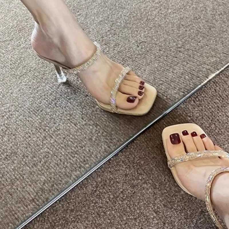Sandals 2025 New Style Water Diamond High Heels Half Dragged Womens Sandals High Heels Thin Heels Transparent K260311