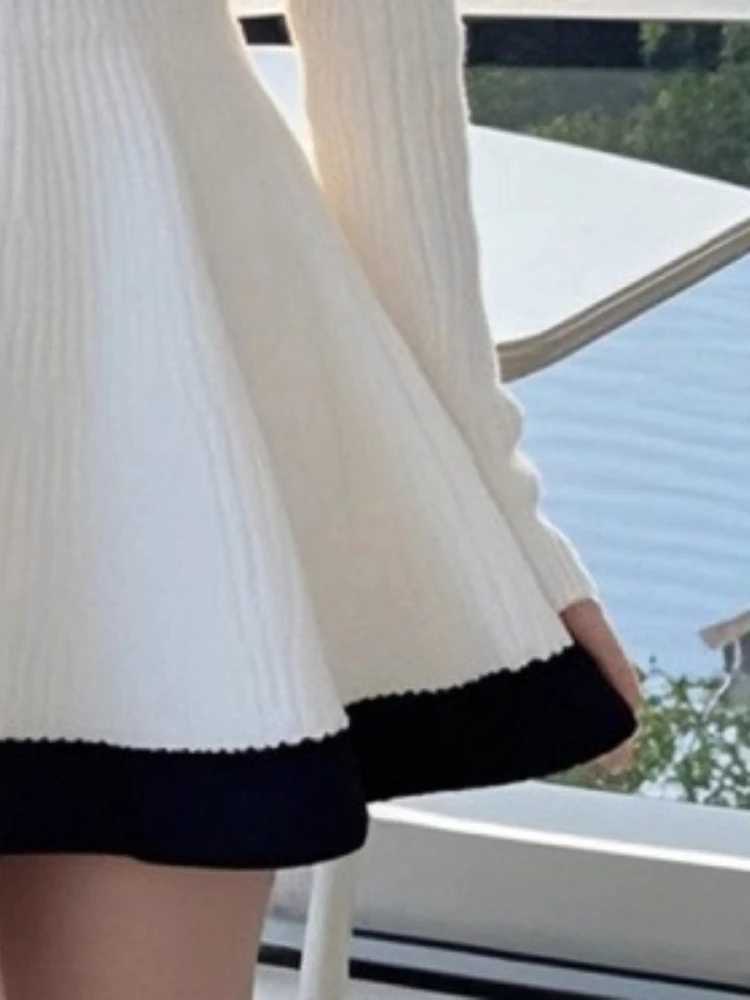 Black White Contrast One Shoulder Dress Women French Elegant Long Sleeve Slim Dresses Autumn 2025 Korea Casual Knitted Clothes M260311