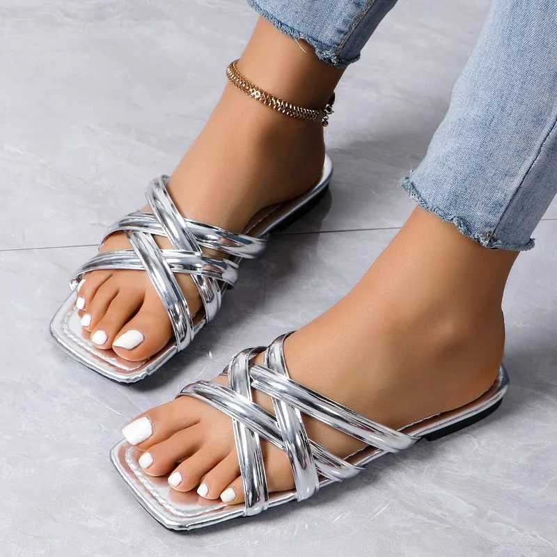Hot Sandals Women Criss Cross Solid Color Glossy Surface Many Broadband Square Toe Slippers Ankle Strap Ladies Beach Shoes K260311