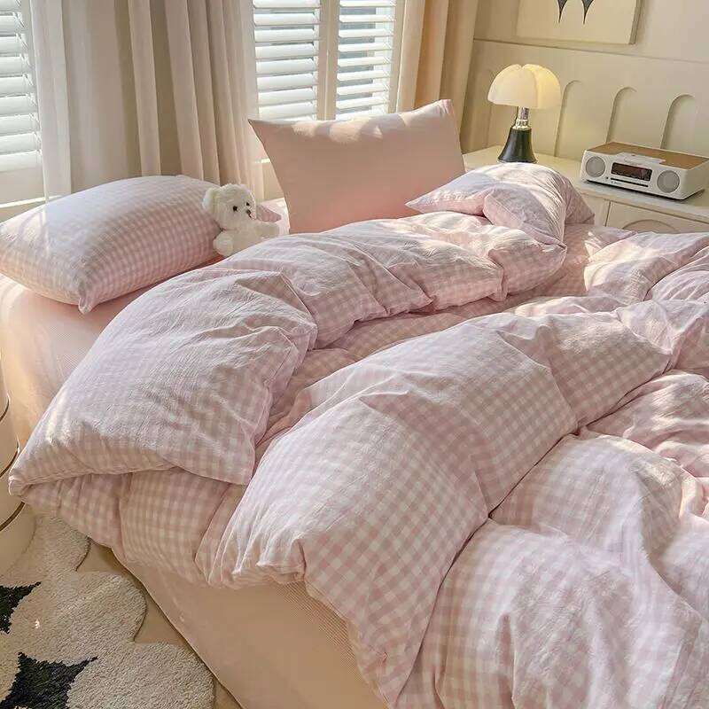 Simple Bedding Set Plaid Sold Color Single Queen Size Duvet Cover No Filling Boys Girls Flat Sheet Pillowcase Kit H260311