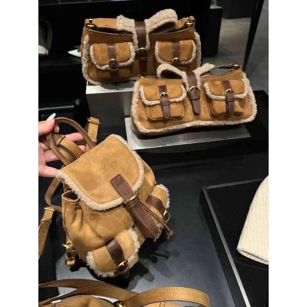 OLOEY Women Retro Imitation Suede Pocket Backpack Versatile Lamb Wool Double And One Shoulder Autumn Winter New Khaki Handheld Bag