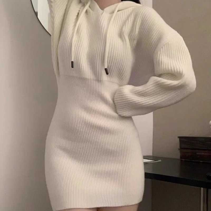 Sexy White Thicken Knit Mini Dress Woman Korean Elastic High Waist Bandage Dresses Women Hooded Outwear Long Sleeve Slim Dress a08 M260311