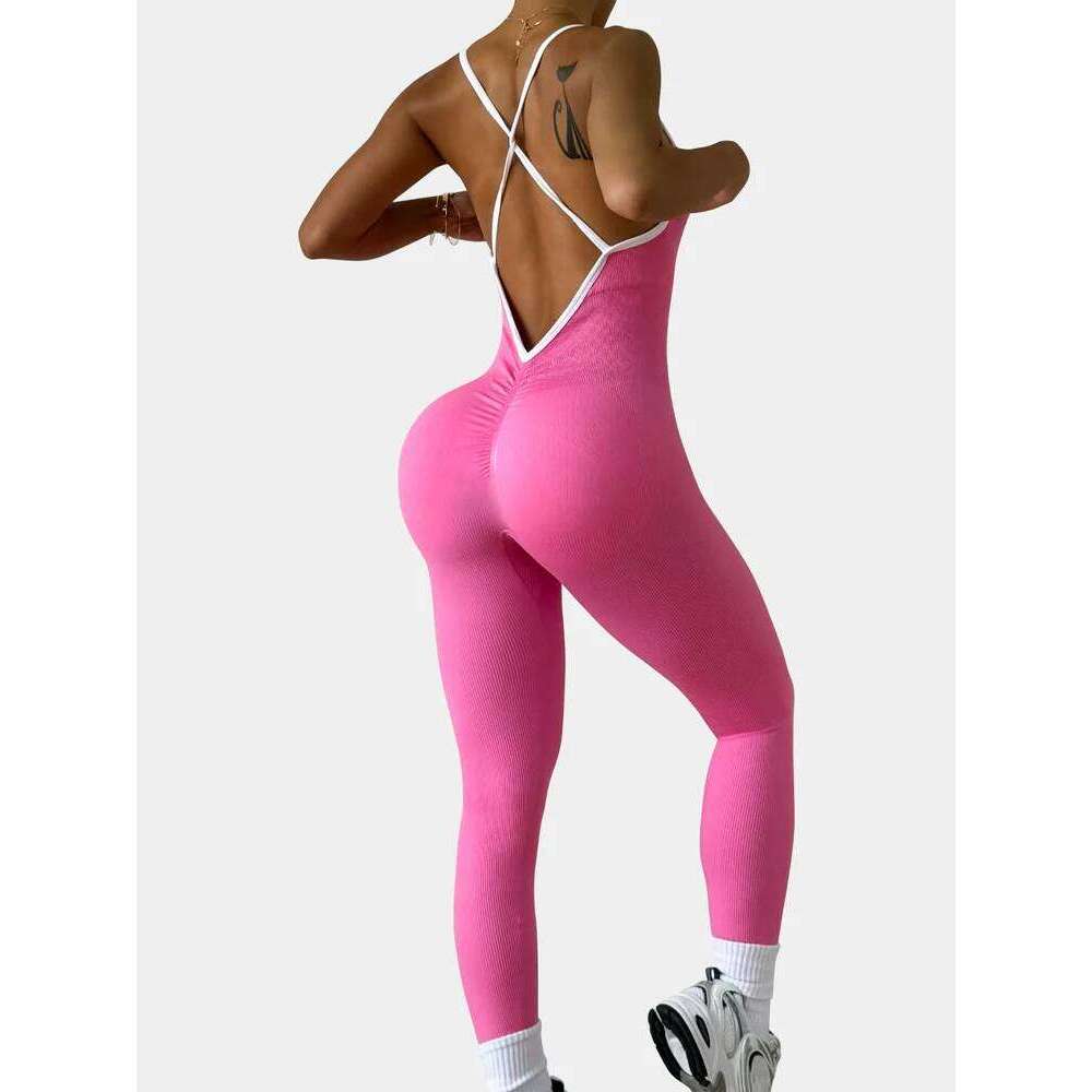 Seamless Yoga Jumpsuit Women Set Spaghetti Strap Leisure Workout Gym Leggings Padded Bra One-piece Fitness Bodysuits 26H0311