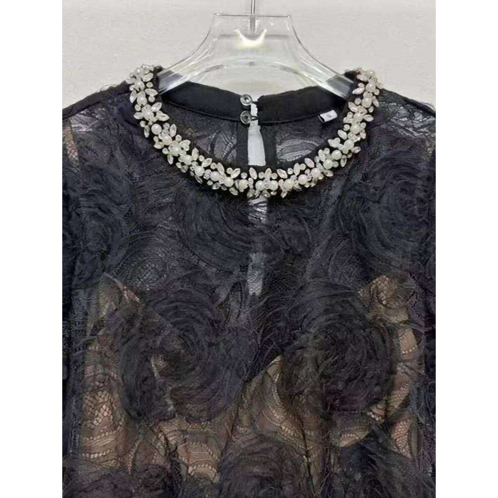 Summer New Fashion Black Rose Flower Lace Dress Women Elegant Round Neck Short Sleeve Fishtail Robe With Belt Ladies Mdng260311