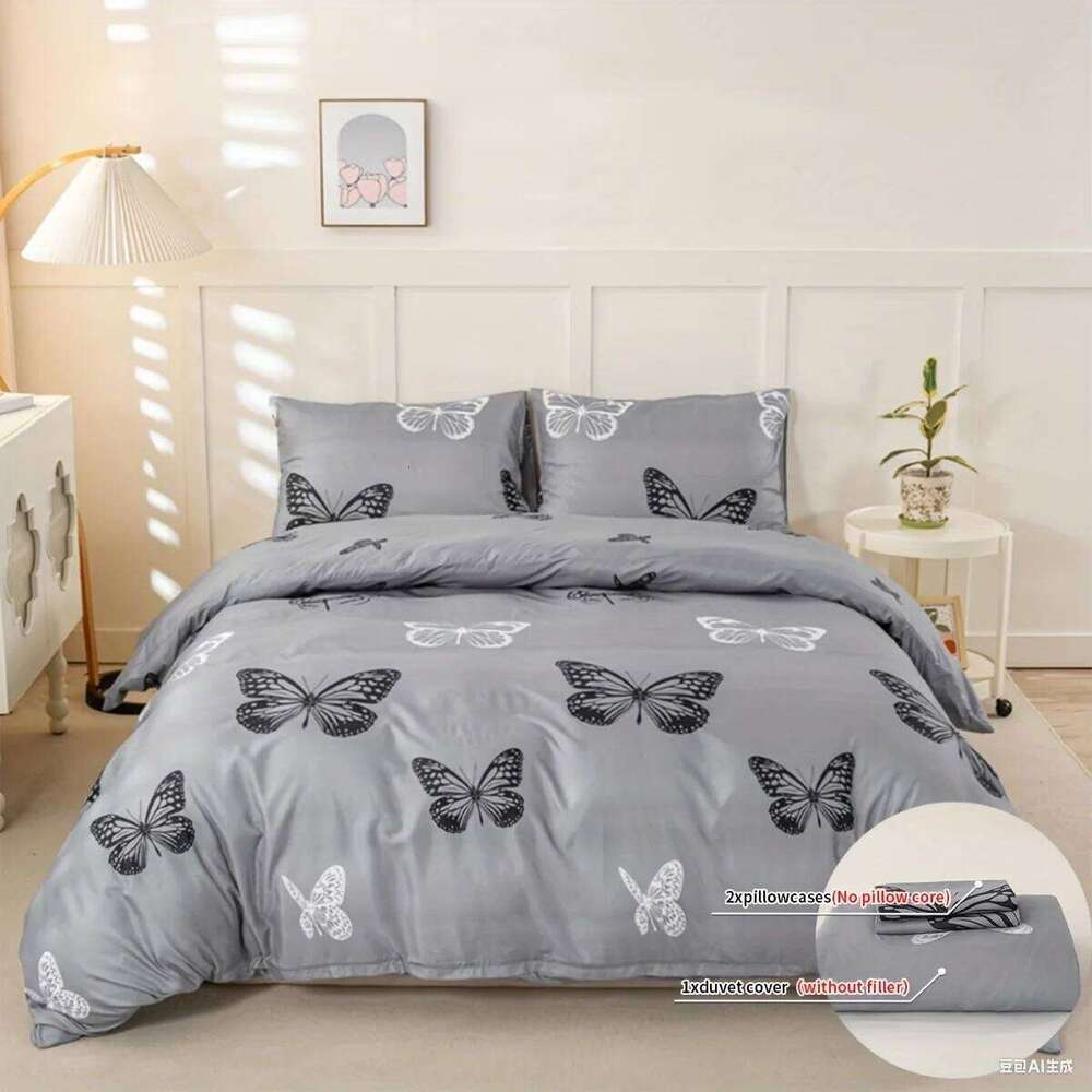 3pcs Butterfly Print Set, Soft Skin-Friendly Bedding Set Includes 1 Duvet Cover And 2 Pillowcases H260311