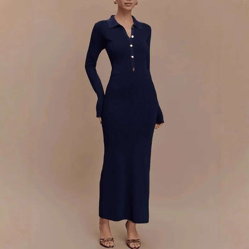 French Autumn and Winter Knitted Dress Women's Slim Fit Button Comfortable Temperament Elegant Sleeved Versatile Long Skirt Z260311