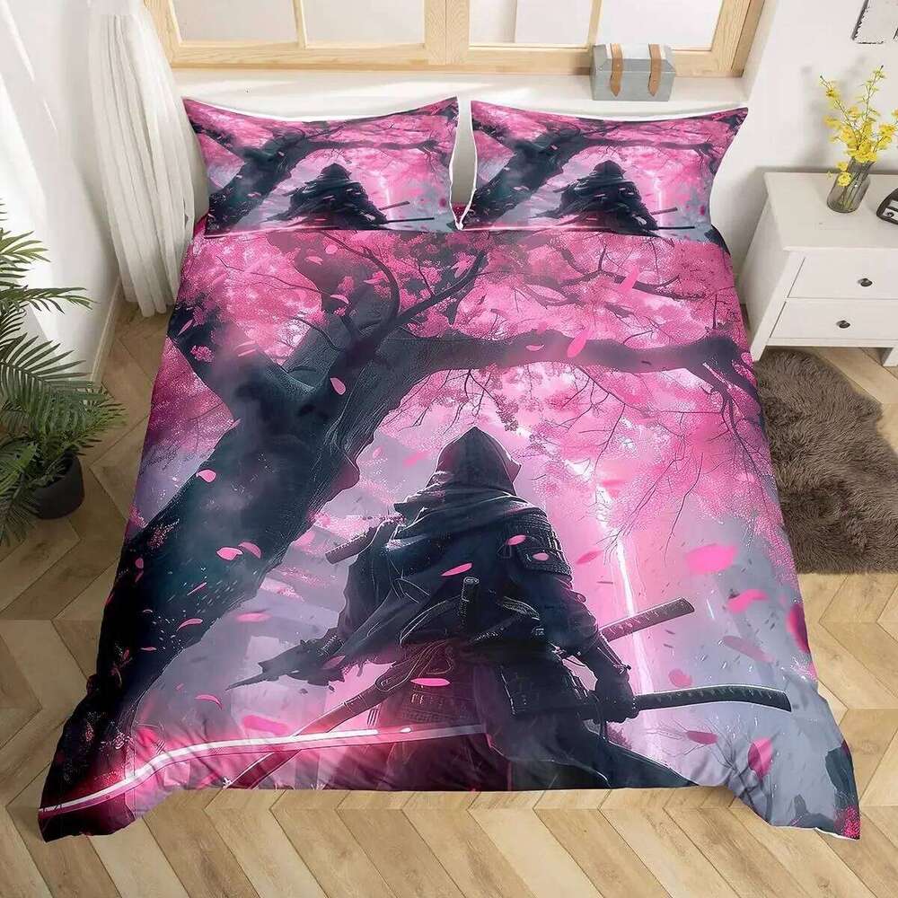 Japanese Samurai Bedding Set Full Size Cherry Blossoms Comforter Red Sun Hokusai Duvet Fuji Mountain Quilt Cover H260311