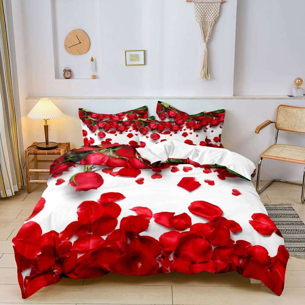 3pcs- Valentine's Day Romantic Rose Love Theme Letter Pattern Duvet Cover Set Suitable for Bedroom, Guest Room - H260311