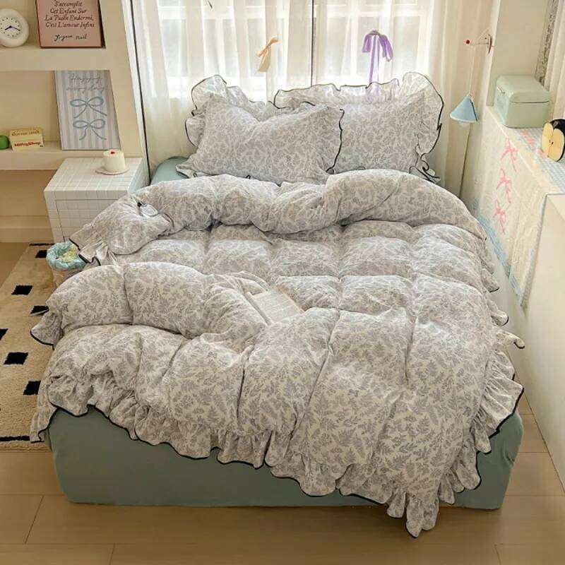 2025 new cream lace girl powder grid Korean version bed four-piece set washed cotton double-layer yarn quilt cover dormitory H260311 - view 4