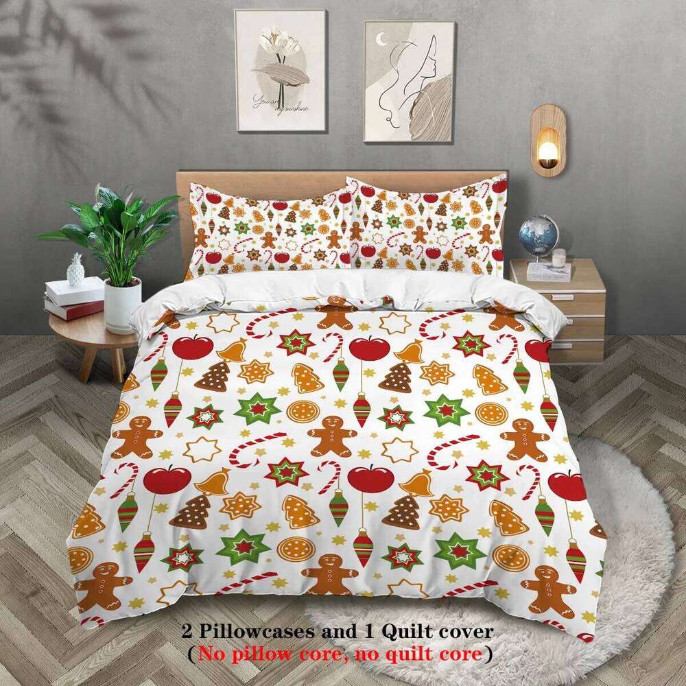 3-piece Christmas Cute Gingerbread Man Pattern Print 1 duvet cover+2 pillowcases, no core Comfortable Bedding Set H260311