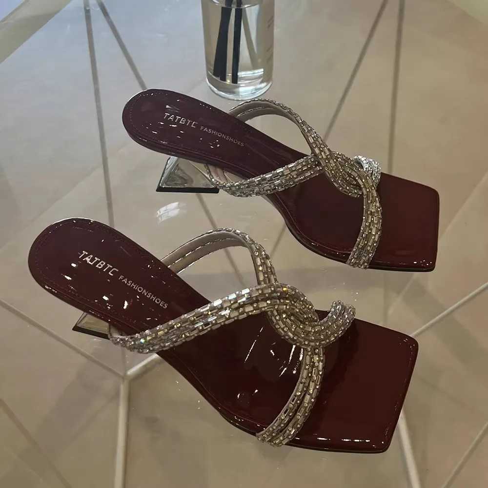 Cool mop 2025 summer new open toe with feminine temperament square toe rhinestone cross sandals K260311