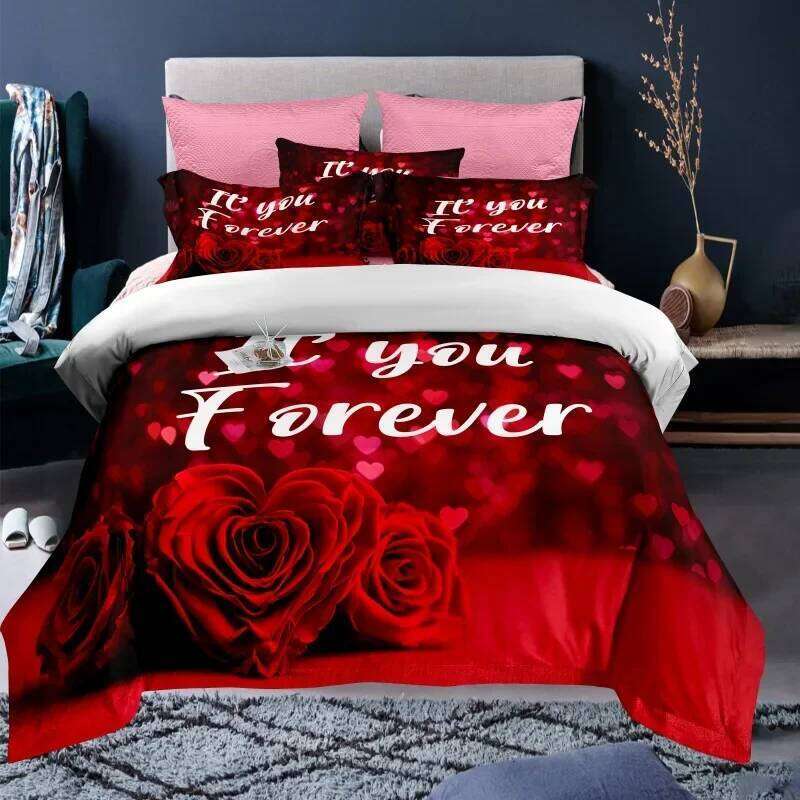 Valentine's Day Duvet Red Rose I Love You Pattern King Size Couple Polyester Bedding Set Happy Romantic Quilt Cover H260311