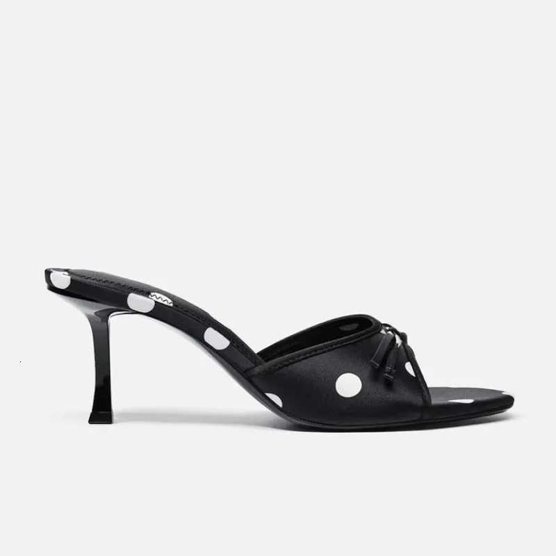 Black Spotted Silk High Heel for Women Outer Wear Fashion Bow Leather Summer Sandals Comfort Open Toed Lady Shoes K260311