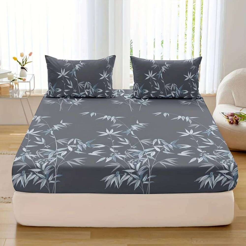 3pcs Bamboo Leaf Print Fitted Sheet Set Soft, Breathable, Comfortable, Hypoallergenic Bedding for Bedroom, Guest Room - 1 Fitt H260311