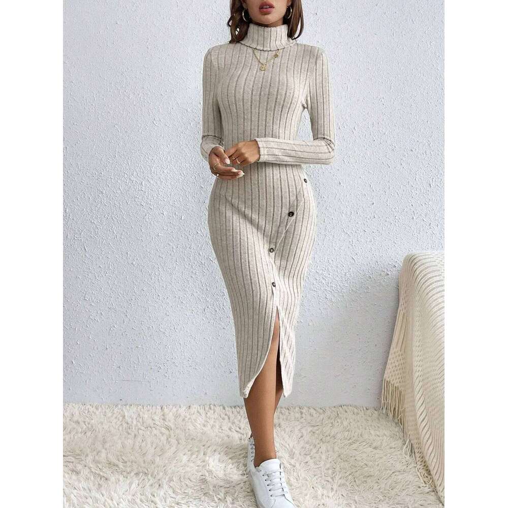 French High Collar Hollow out Side Split Ribbed Dress Elegant Classy Style Women's Fashion Z260311