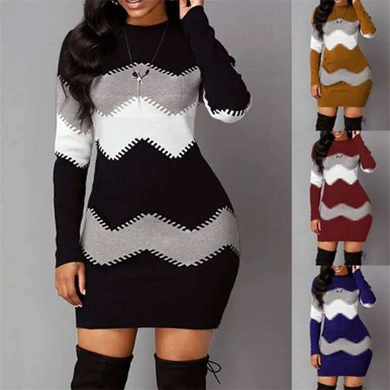 Women Elegant Patchwork Long Sleeve Warm 2022 Autumn Winter Rib Knit Sweater Dress Casual Turtleneck Pullover Mini Dresses Z260311
