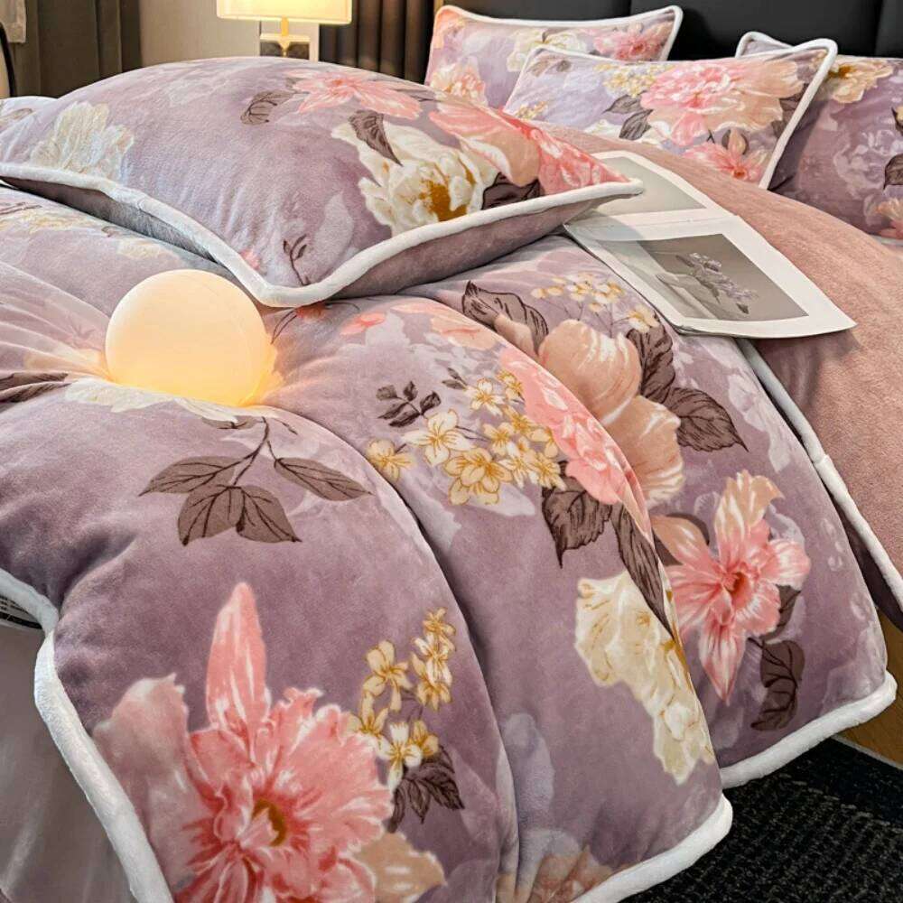 Floral Printed Winter Warm Bedding Milk Velvet Bed Sheet Double Queen Thickened Duvet Cover Pillowcase Four Piece Set H260311