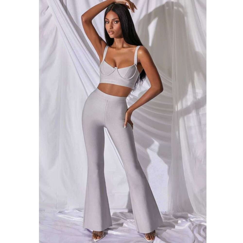 Women New Arrival Sexy Low Cut Strap Bra Top High Waist Flare Pants Two Piece Bandage Set Elgant Fashion Party Wear Vintage MAKOUFEI