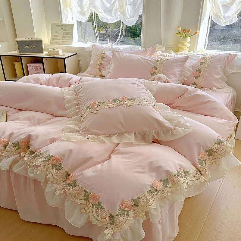 Korean Princess Style Flowers Lace Ruffles Duvet Covers Bed Skirt/Fitted Sheet Pillowcase Bedding For Girls Home Textiles H260311