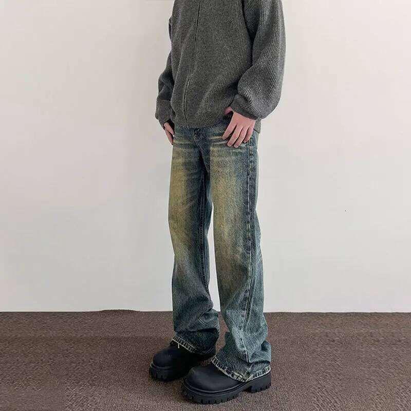 American Vintage 2025 New Fashion Men's Washed Casual Trendy Simple Basic Wide Leg Denim Trousers Male Flare Jeans Pants Clothes Z260225