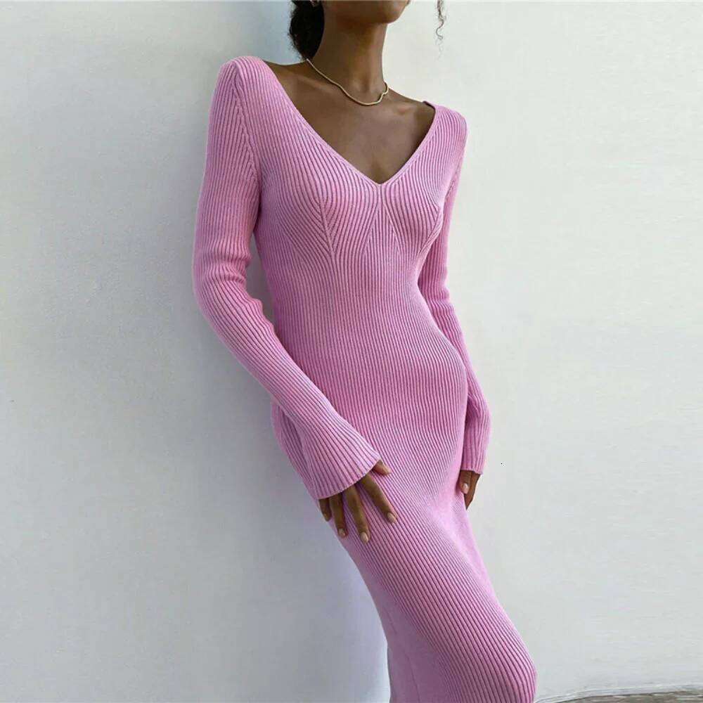 Women's Long Sleeve Knitted Dress, V-Neck, Commuter, Slim Fit, Monochromatic, Autumn, Winter, New Z260311
