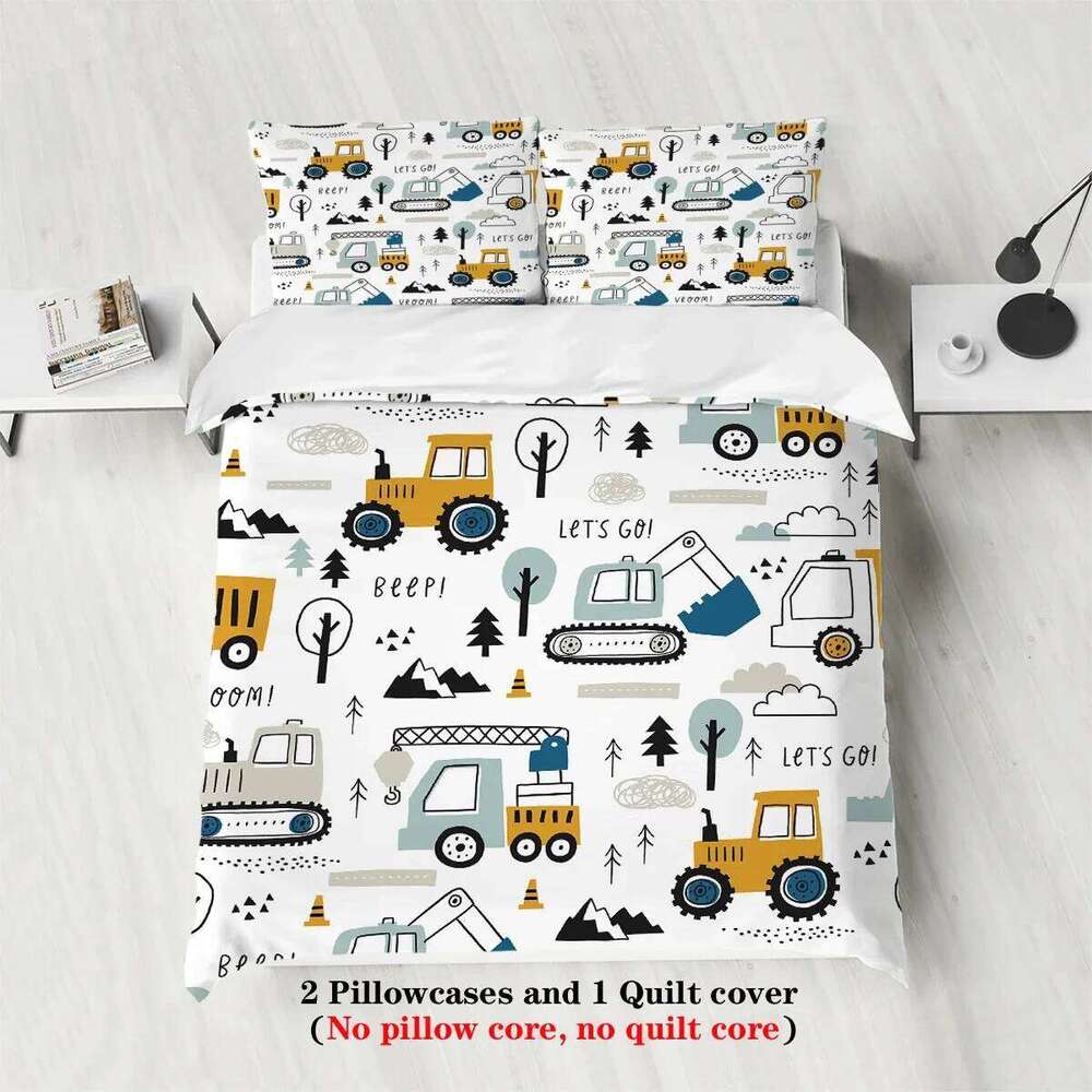 Three-piece set 1 duvet cover + 2 pillowcases, coreless, cartoon engineering vehicle element print bedding set, multiple sizes H260311