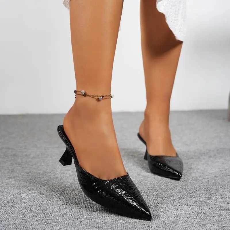 Crocodile Patterned Leather Mules Women Summer 2026 Sexy Pointed Toe High Heel Sandals Womans Vintage Shoes K260311