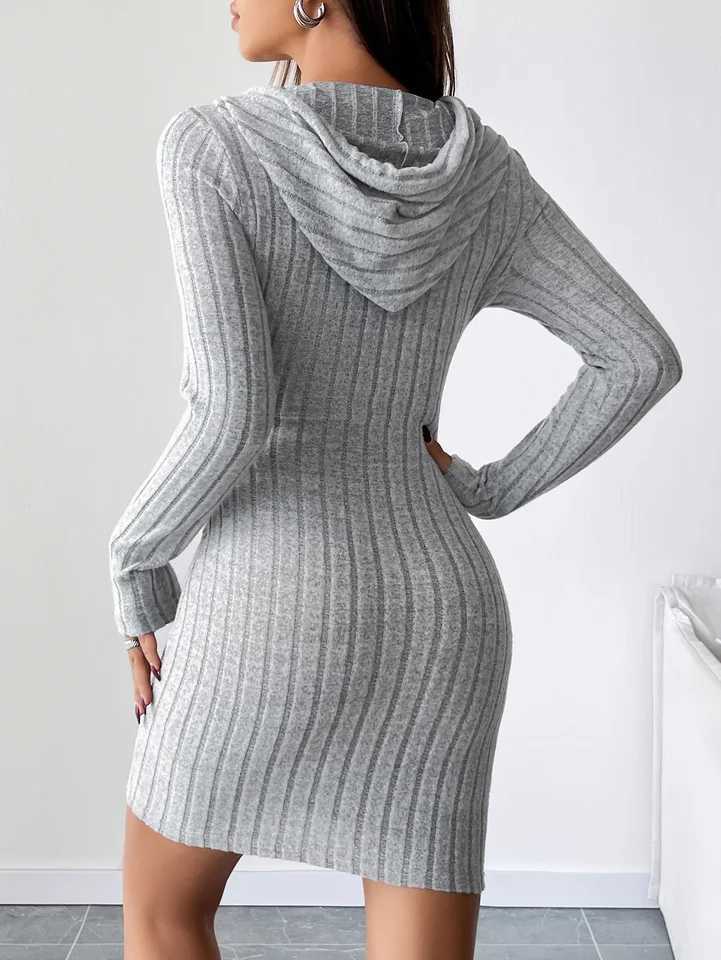 Trendy Ribbed Knitted Hooded Slim Fit Dress with Drawstring - Comfortable Casual Style for Women M260311