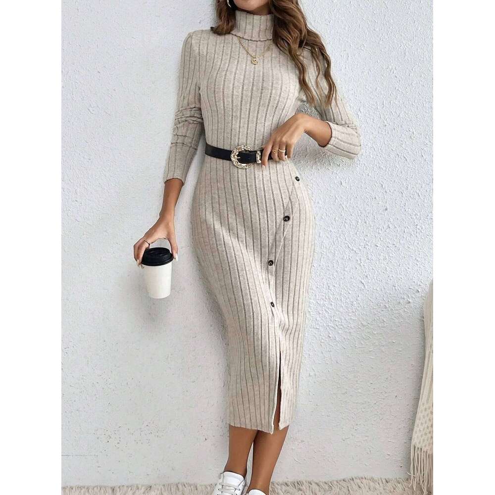 French High Collar Hollow out Side Split Ribbed Dress Elegant Classy Style Women's Fashion Z260311
