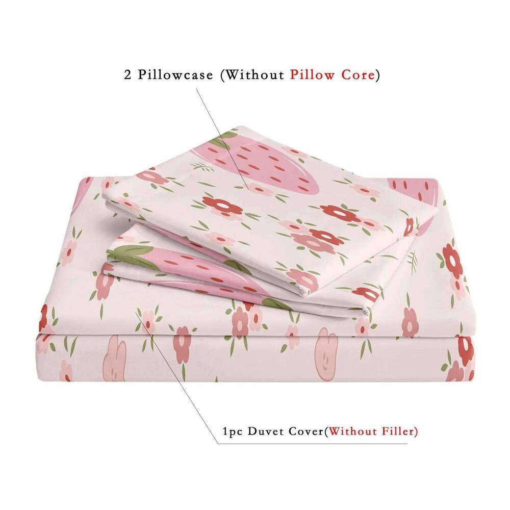 3pcs Cartoon Cute Pink White Heart Strawberry Duvet Cover Set - Sweet Floral Fruit Design For Girls Festival Birthday Gifts H260311