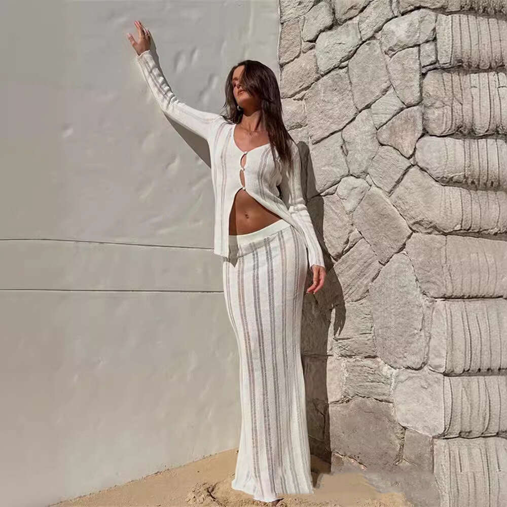 Designer Solid Color Sexy Knitted Cover-Up Beach Dress Bikini Swimsuit Sun Protection Set Women