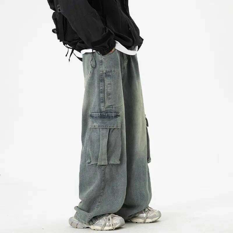 Summer Wide-leg Work Jeans Men Loose Washed Retro High Street Floor-length Trousers Z260225
