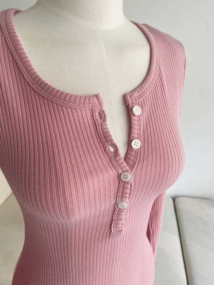 Half Open Neck Button Long Sleeve Cinching Waist Wrap Hip Slim Sexy Knit Dress Korean Version Autumn Winter New Bodycon Frock M260311