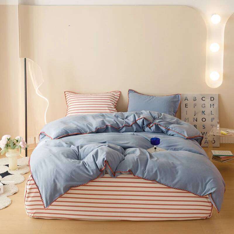 Blue Protein Durable Washed Cotton Bedding Set Striped Color Block Shell Embroidery Comforter Cover with Standard Pillowcases H260311