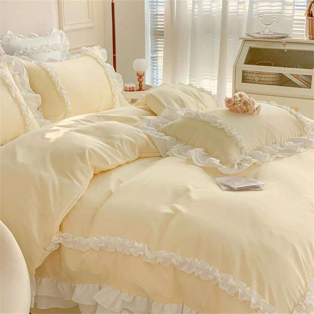 Elegant Lace Bedding Sets Linen Korean Princess Style Washed Cotton Ruffle Duvet Cover Bed Sheet Pillowcases for Girl H260311