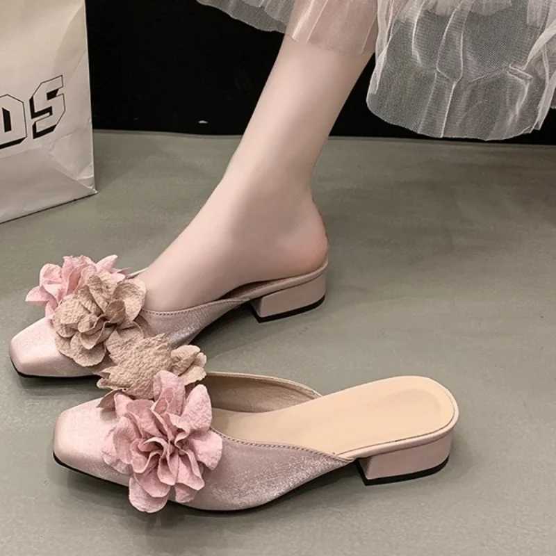 Flower High Heeled Sandals Designer Women Slippers Mules Shoes Elegant Square Toe Summer 2025 Dress Pumps Trend Chunky Mujer K260311