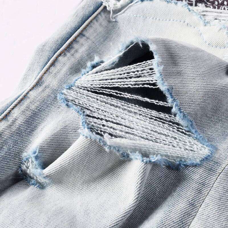 Y2k Fashion New Men's Quality Washed Nostalgic Perforated Light Blue Jeans High Street Hip Hop Brand Pants H Z260225