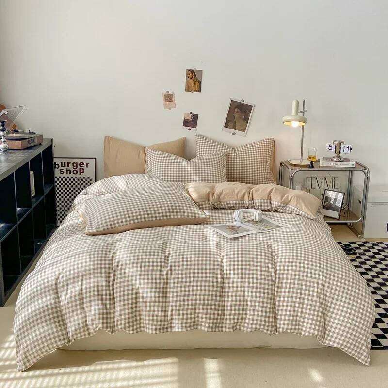 Japanese Style Check Queen Duvet 1/3 Pcs Soft Washed and Pillowcase or Only Quilt Covers Blanket Cover Set H260311