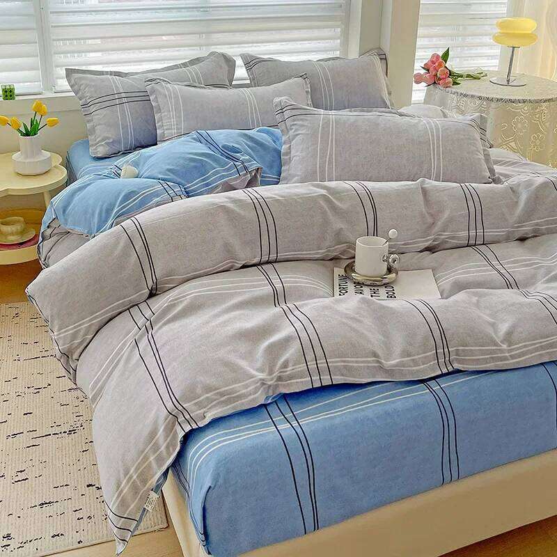 Piece, 100% Cotton Bedding 4 Piece Sheet Comforter Set, Simple Striped Check Couple Bed Quilt Set H260311