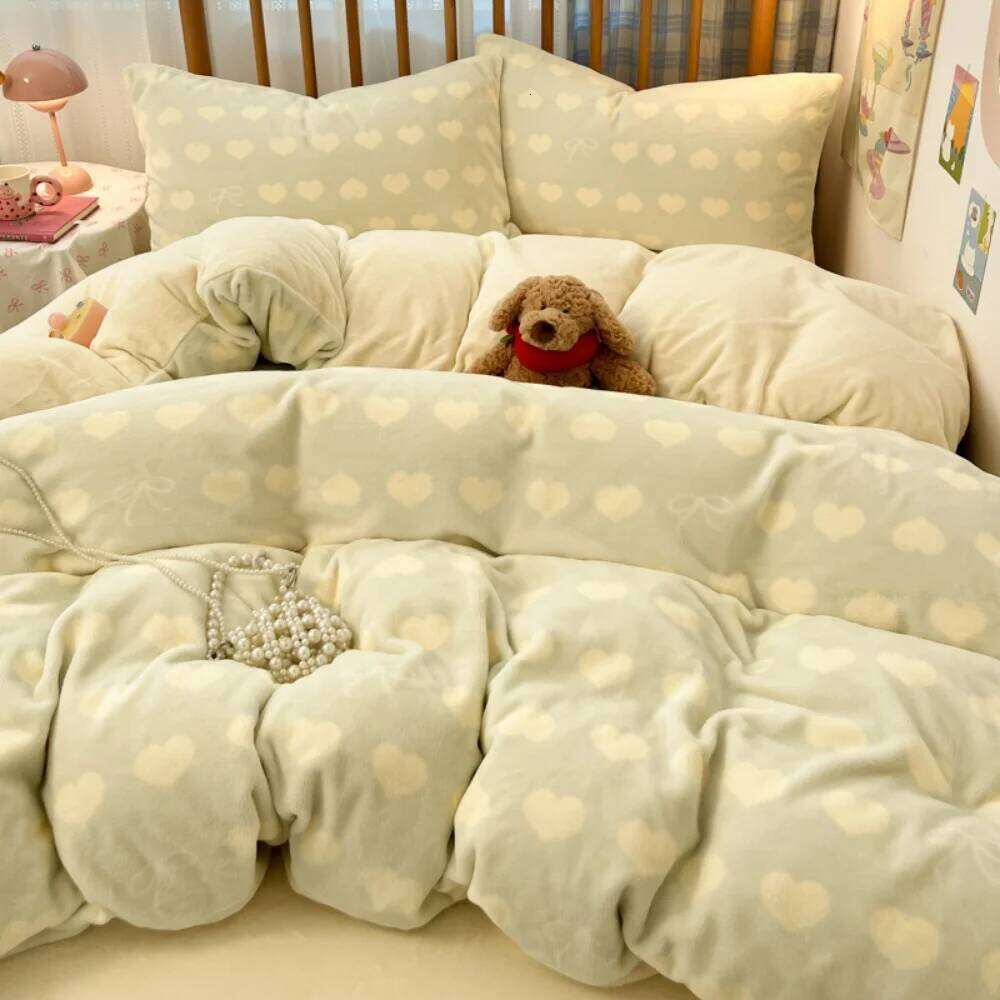 Print Thicken Milk Coral Fleece Bedding Winter Comforters Warm Bedroom Decor Quilt Cover Bed Sheet Pillowcase Four-Piece Set H260311