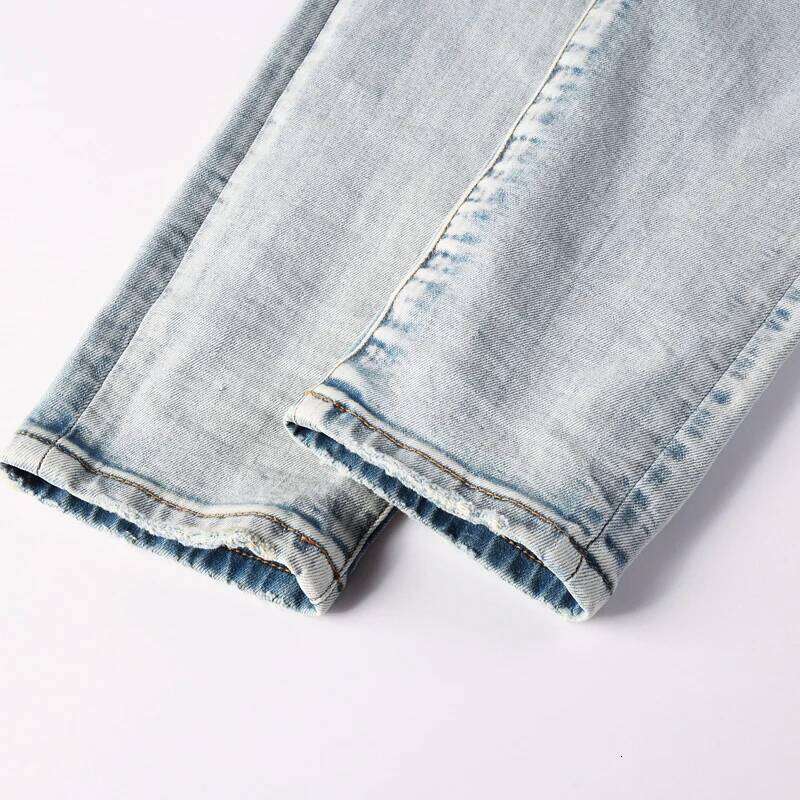Y2k Fashion New Men's Quality Washed Nostalgic Perforated Light Blue Jeans High Street Hip Hop Brand Pants H Z260225