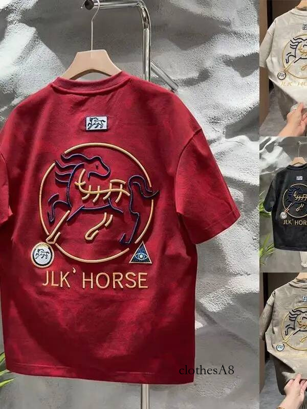 Casual Loose round Ne ort Sve T-irt Men's Spring Summer New Sle Embroidery Faion Year Top Vintage Heavy Work